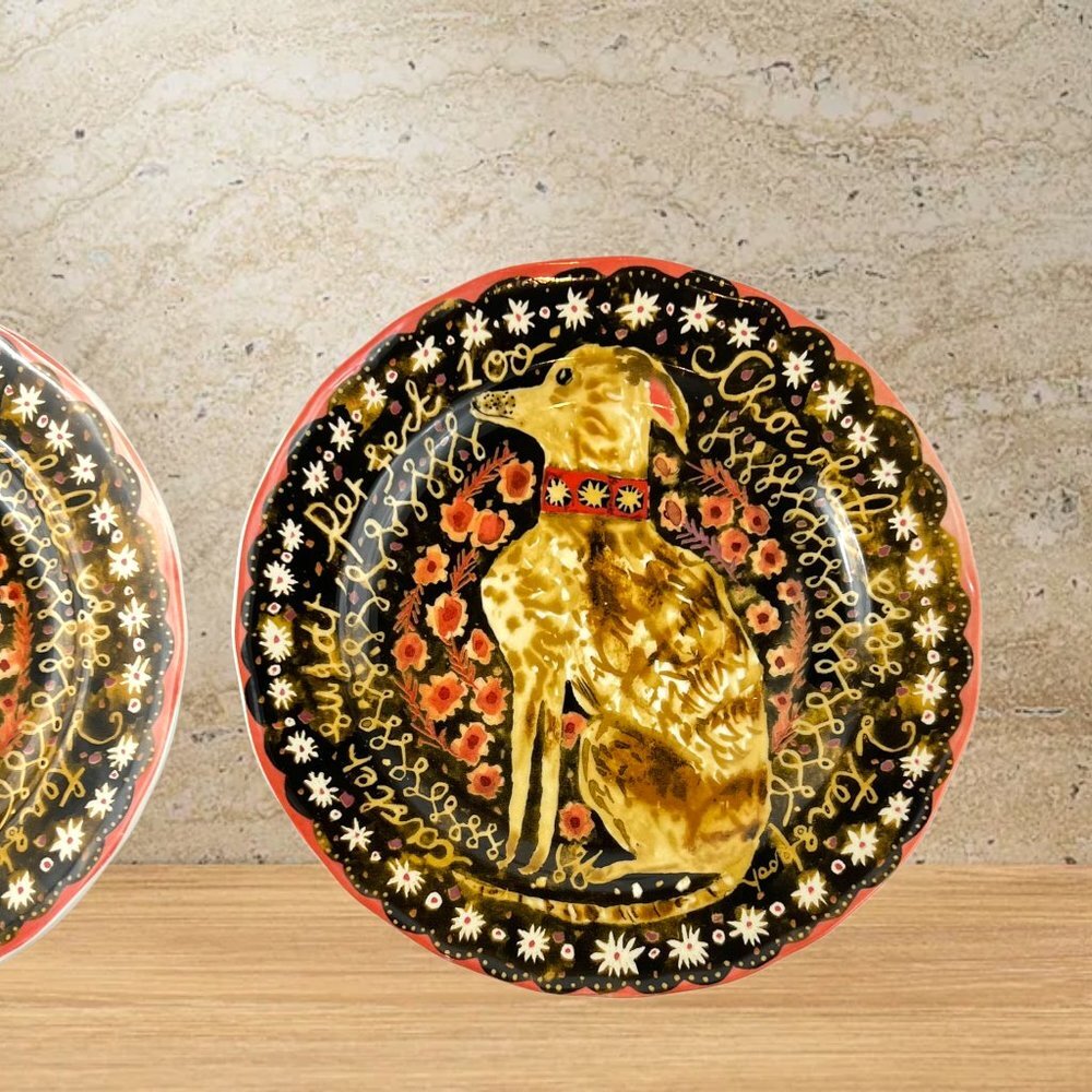 2 Ea Anthropologie Cornelia O’Donovan A PLATE FOR WALNUT BROWNIES Plate with Dog - Picture 3 of 5